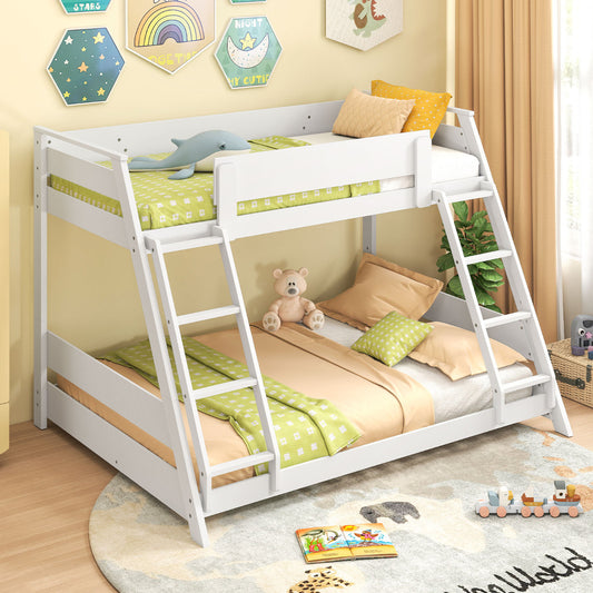 White wooden bunk bed with colourful bedding and toys in a child's room