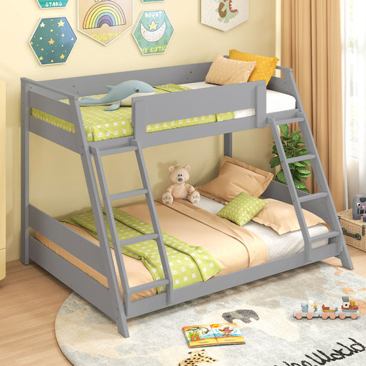 The grey bunk bed with two ladders and safety guardrails, set up in a room