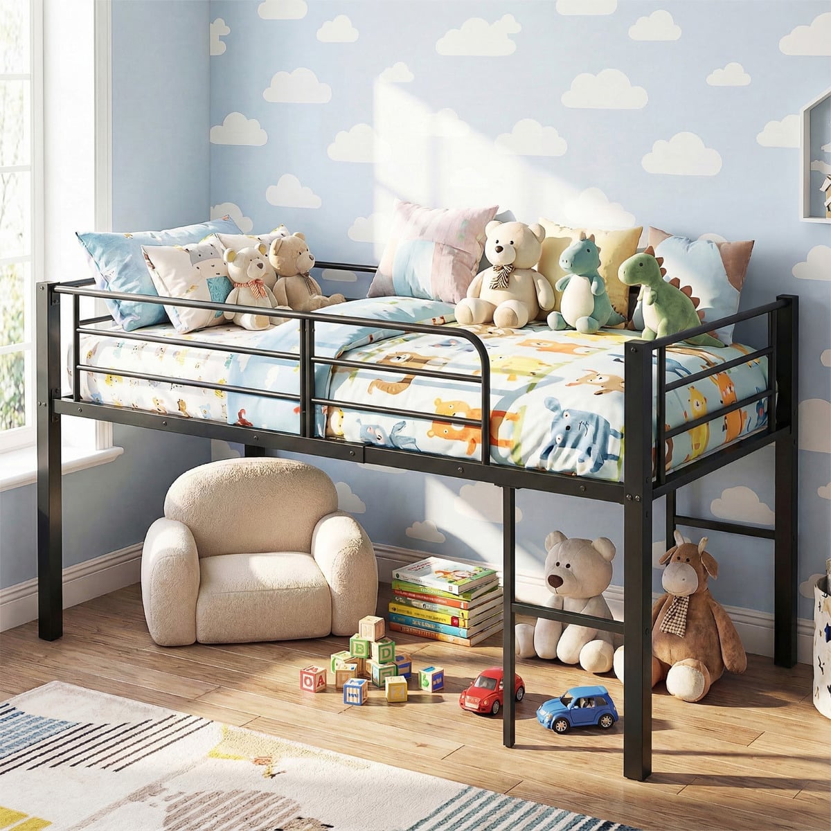 Single Size Low Loft Bed Metal Bed Frame with Safety Guardrails and 2 Ladders-Black