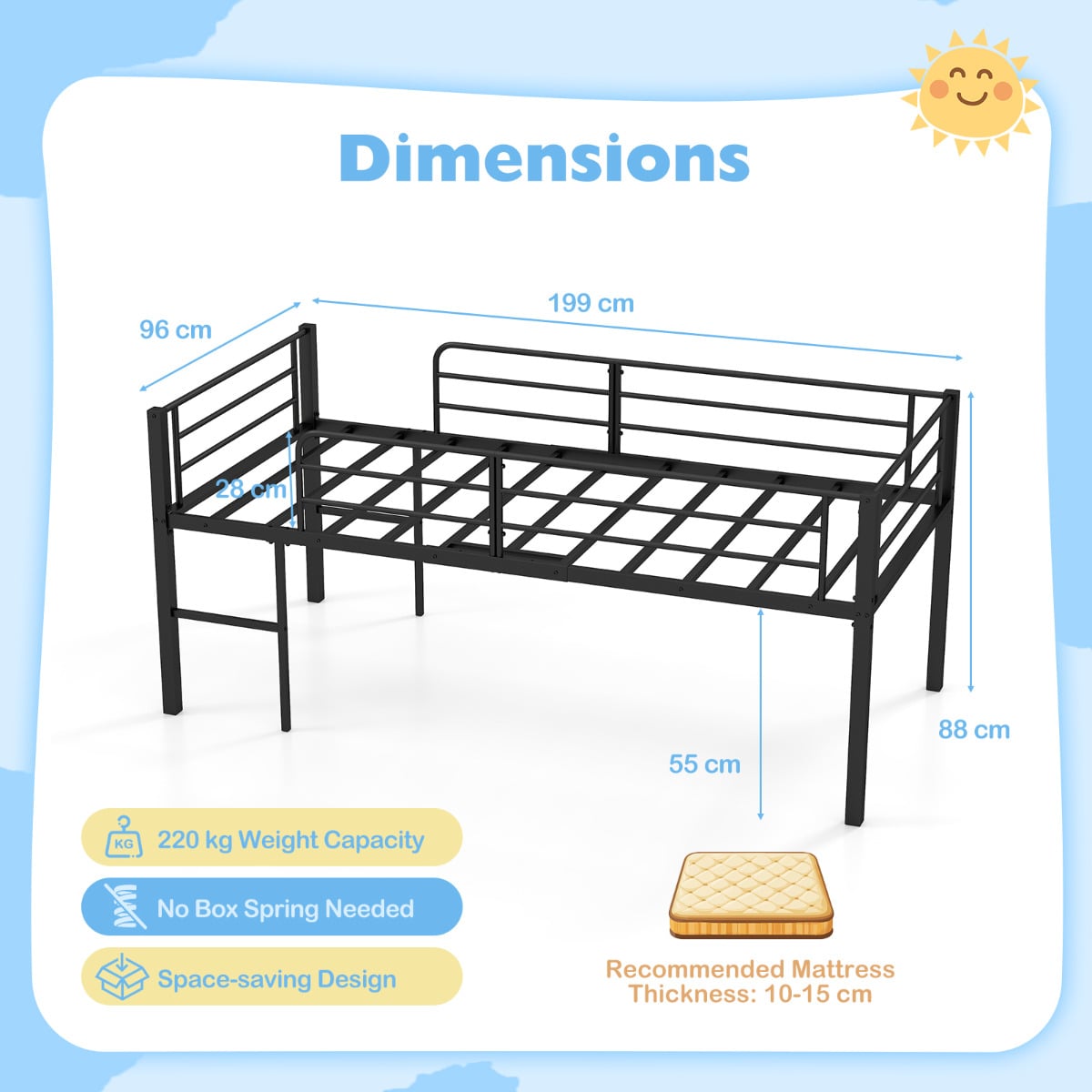 Single Size Low Loft Bed Metal Bed Frame with Safety Guardrails and 2 Ladders-Black