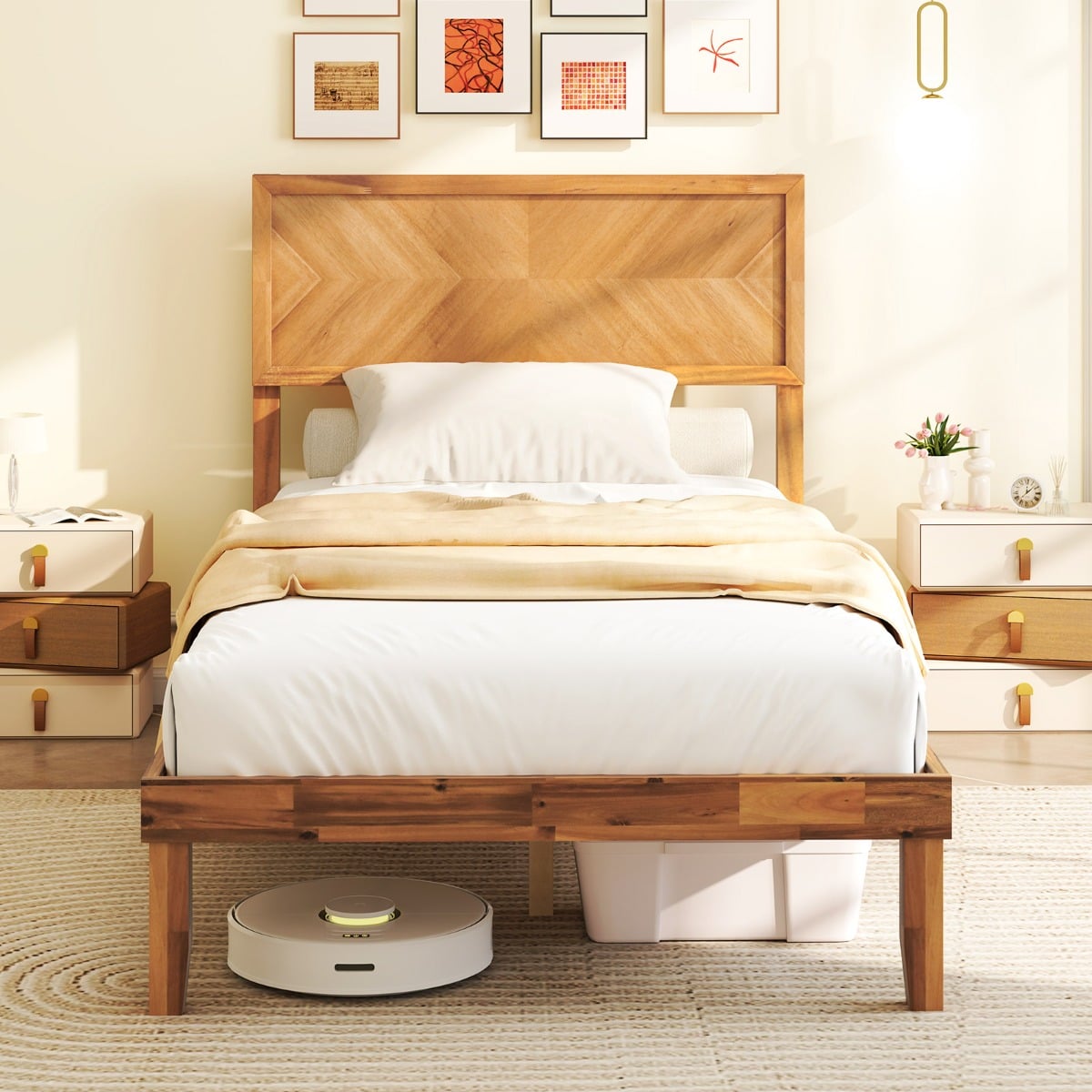 Single/King Size Mid-Century Acacia Wood Bed Frame with Headboard-Single Size