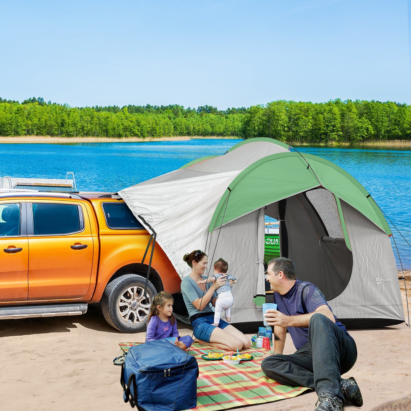 خيمة سيارة Outsunny SUV للتخييم، مقاومة للماء PU2000mm، خيمة خلفية تتسع لـ 5 أشخاص، 2.4 × 2.1 متر، رمادي وأخضر