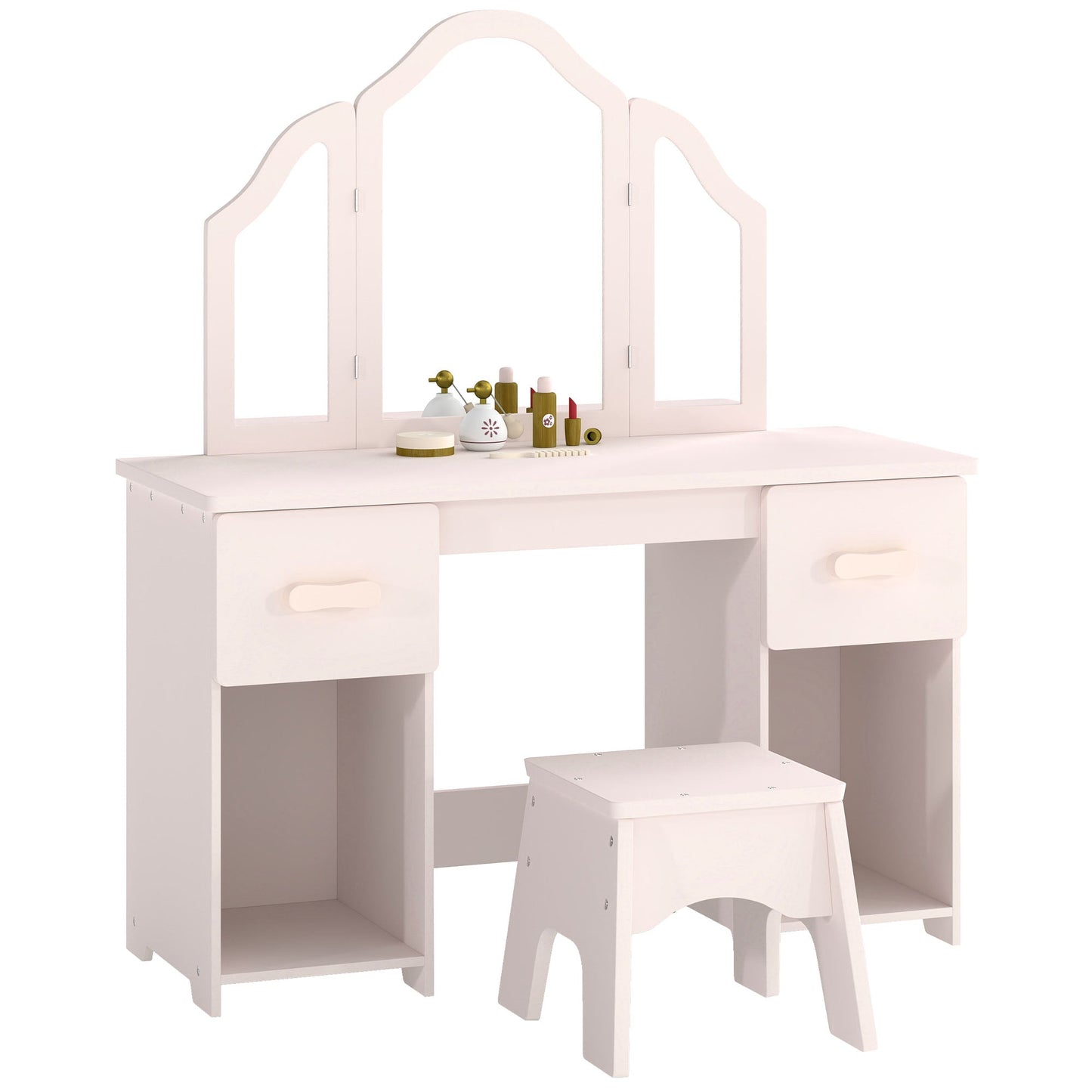 AIYAPLAY Kids Dressing Table, Kids Vanity Table and Chair Set with Tri-Folding Mirror, 2 Drawers, 2 Cabinets for Girls 3+, Pink