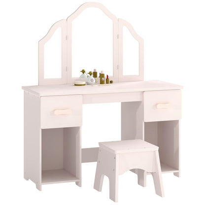 AIYAPLAY Kids Dressing Table, Kids Vanity Table and Chair Set with Tri-Folding Mirror, 2 Drawers, 2 Cabinets for Girls 3+, Pink