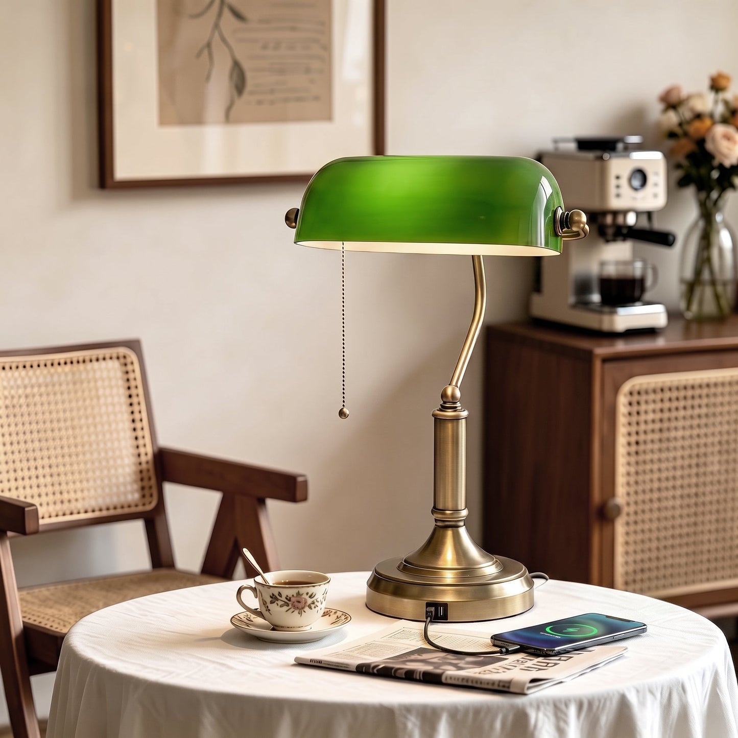 HOMCOM Desk Lamp with USB Ports, Banker's Table Lamp Desk Lamp with Vintage Bronze Tone Base and Pull Rope Switch, Green