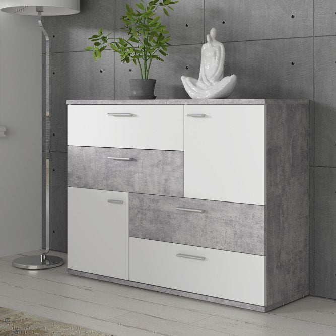 Skive 125cm 2 Door 4 Drawer Sideboard (SKVK46) in Light Grey Concrete and White