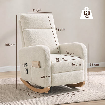 HOMCOM Sherpa Fleece Upholstered Armchair with Side Pockets & Solid Wood Legs, High Back Lounge Chair for Bedroom, Cream White