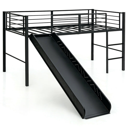 Sliding Loft Children Single Bed with a black metal frame and an integrated slide