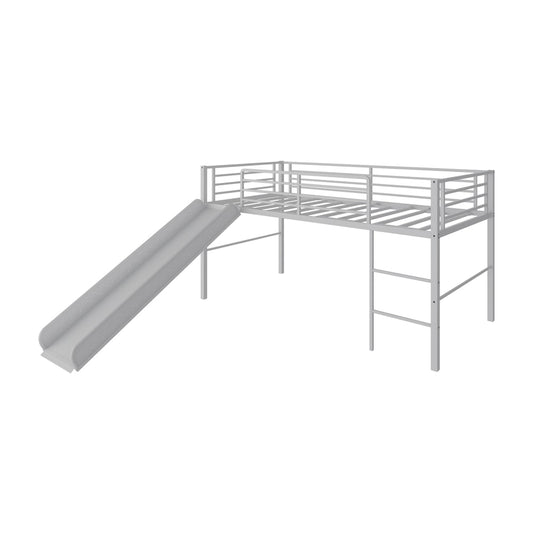 Sliding Loft Children Single Bed with stairs and safety guardrails in silver