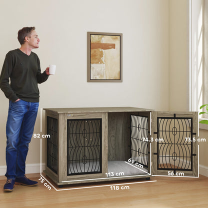 PawHut Indoor Dog Crate Furniture End Table with Soft Washable Cushion, Lockable Front Door, for Extra Large Dogs - Grey