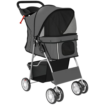 PawHut Dog Pram, Pet Stroller with Reflective Strips, Foldable Cat Stroller with 360 degrees Swivel Wheels, Dark Grey