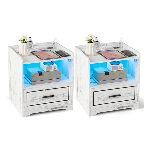 Smart LED Nightstand Sofa Side Table with USB Charging Station-White, showing two tables side by side with LED lights