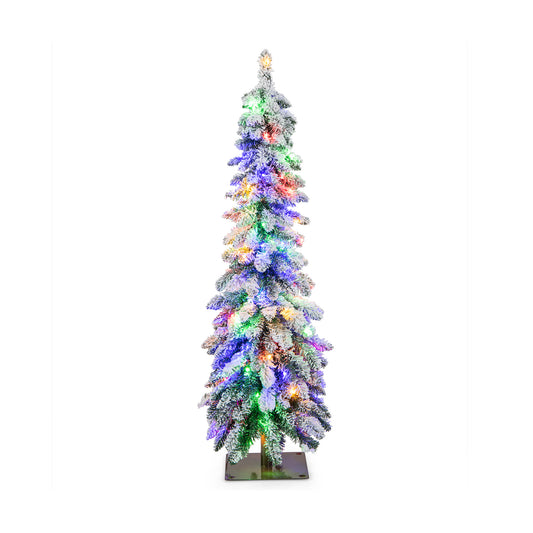 Snow-Flocked Slim Pencil Christmas Tree with 11 Lighting Modes-4FT fully lit with colourful lights on a white background