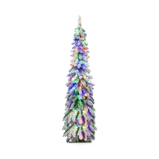 Snow-Flocked Slim Pencil Christmas Tree with 11 Lighting Modes-5FT standing tall with colourful lights on a white background