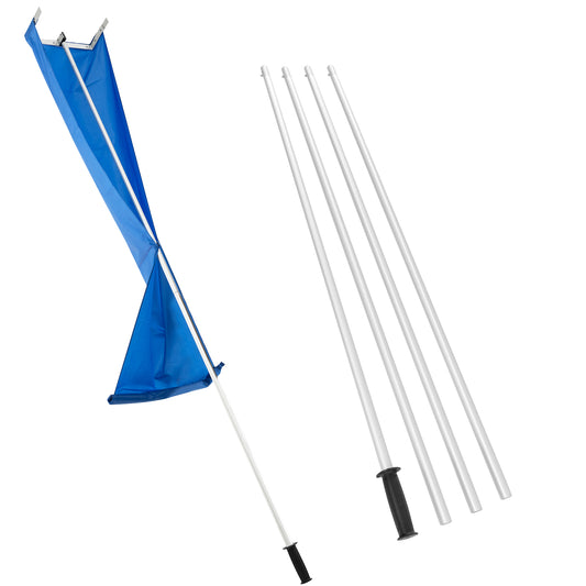 Snow Roof Rake with a blue collection sheet and a silver pole with black handle