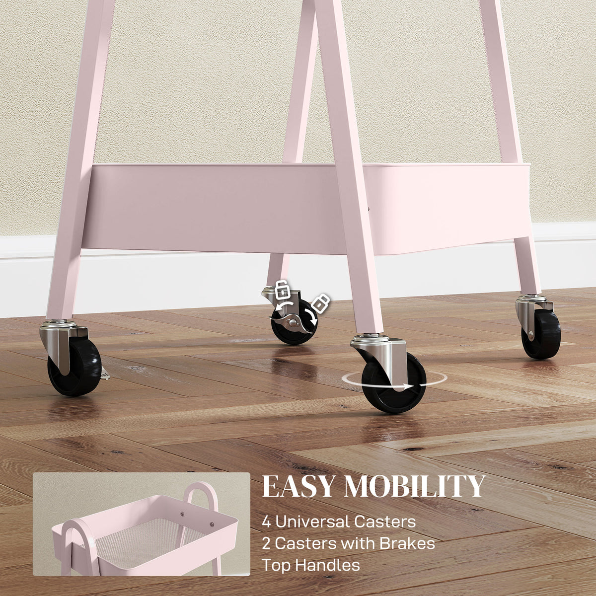 HOMCOM Three-Tier Storage Trolley in Pink