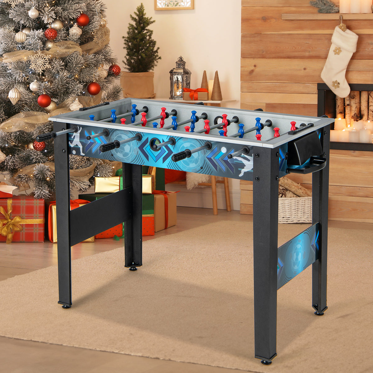 Tabletop football game set up in a room decorated for Christmas
