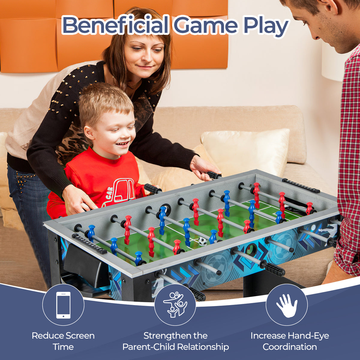 Mother and son playing the tabletop football game, with text about benefits