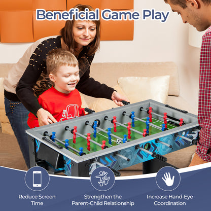 Mother and son playing the tabletop football game, with text about benefits