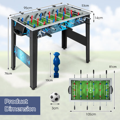 Tabletop football game with dimensions shown in a diagram with a football and player