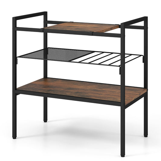 Sofa Side Table with Removable Panel and Mesh Shelf in rustic brown with a black metal frame