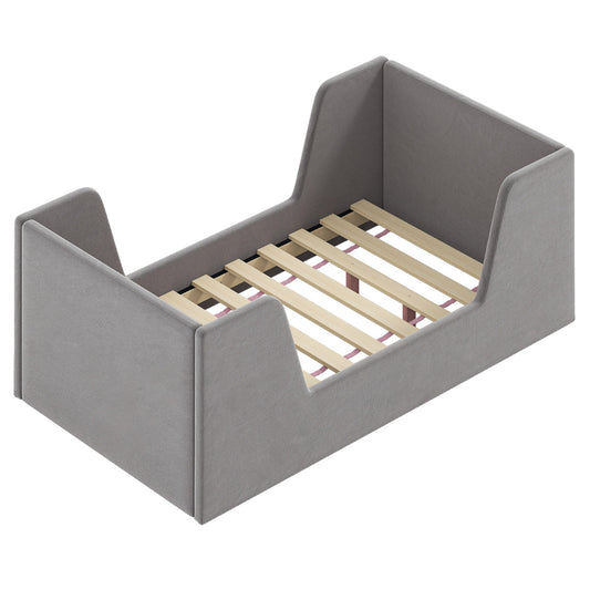 Soft Velvet Fabric Upholstered Children Floor Bed Frame in grey, a low bed with padded sides and a slatted base