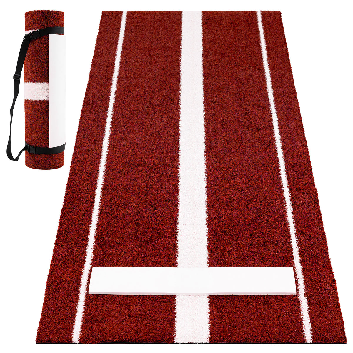 Close up of the red softball training aid with white stripes and a pitching mound
