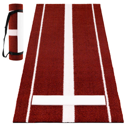 Close up of the red softball training aid with white stripes and a pitching mound