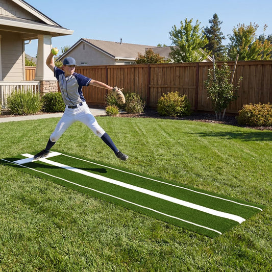 A young man pitches a softball on a green artificial turf training aid in a garden setting