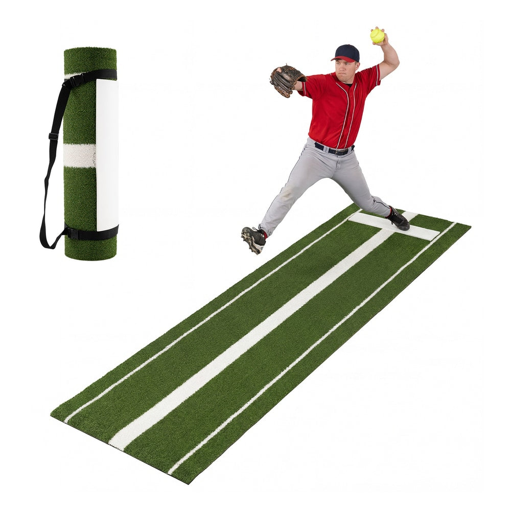 Softball Pitching Mat, a green artificial turf training aid with white lines and a pitching mound