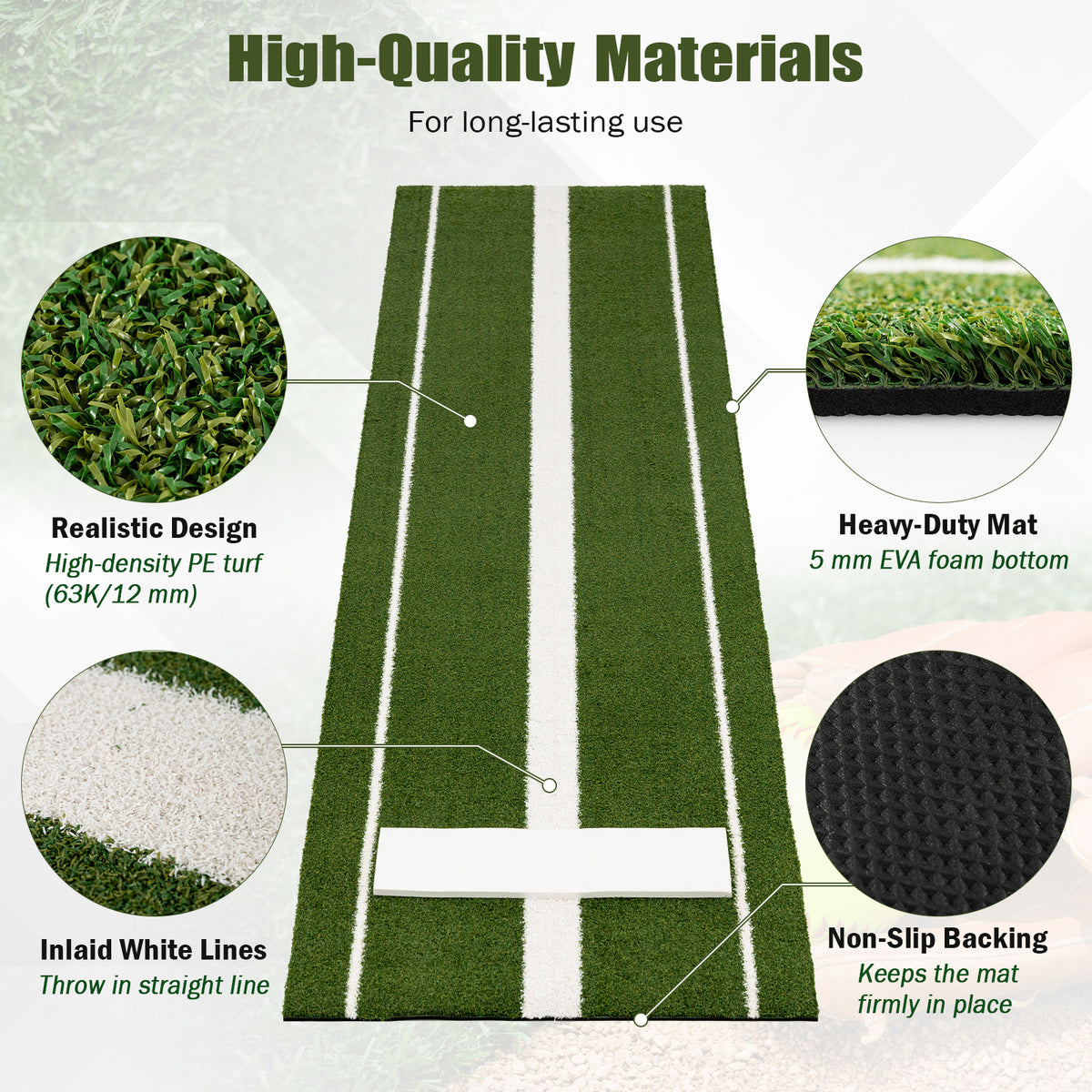 Close-up views of the green artificial turf training aid for softball, showing material details