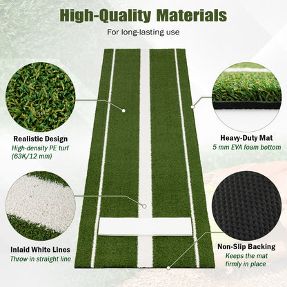 Close-up views of the green artificial turf training aid for softball, showing material details
