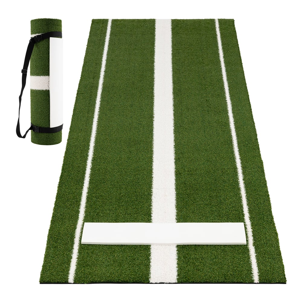 Green artificial turf training aid for softball with white lines and a pitching mound, rolled up with a strap