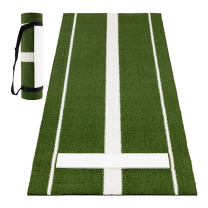 Green artificial turf training aid for softball with white lines and a pitching mound, rolled up with a strap
