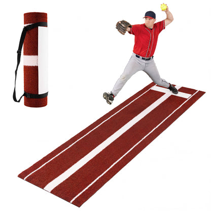 Softball Pitching Mat, a red training aid with white stripes and a pitching mound section