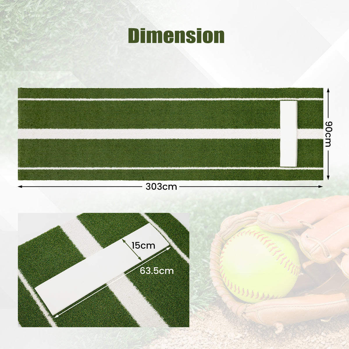 Dimension diagram showing the size of the green artificial turf training aid for softball