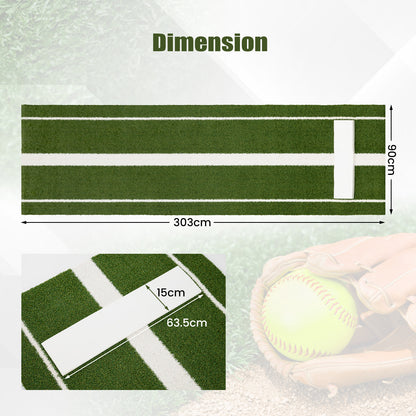 Dimension diagram showing the size of the green artificial turf training aid for softball