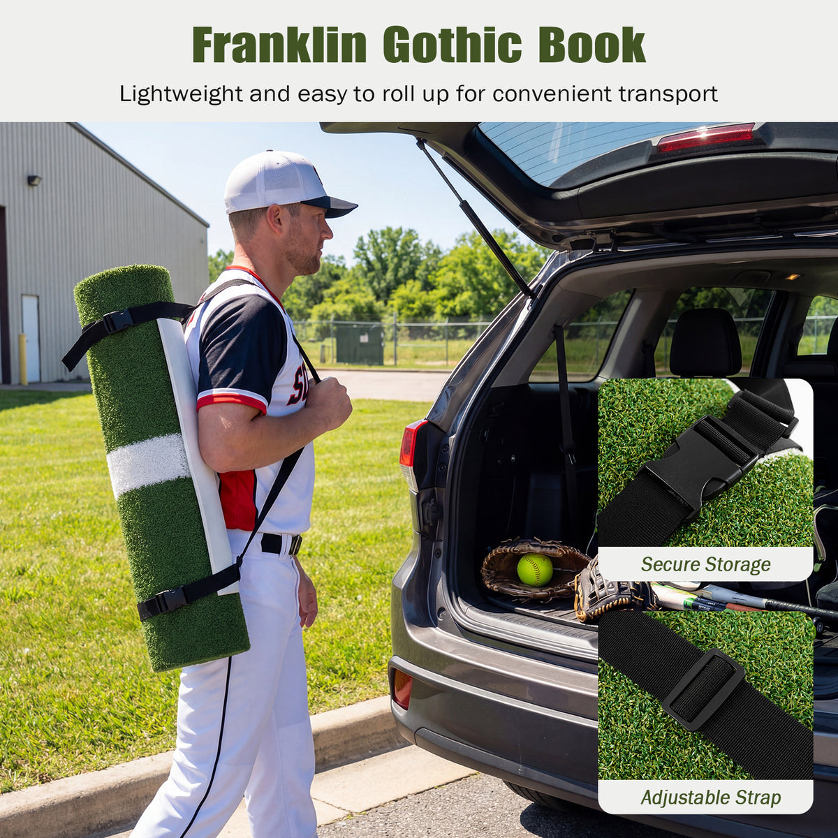 A man loads the rolled green artificial turf training aid for softball into a car boot