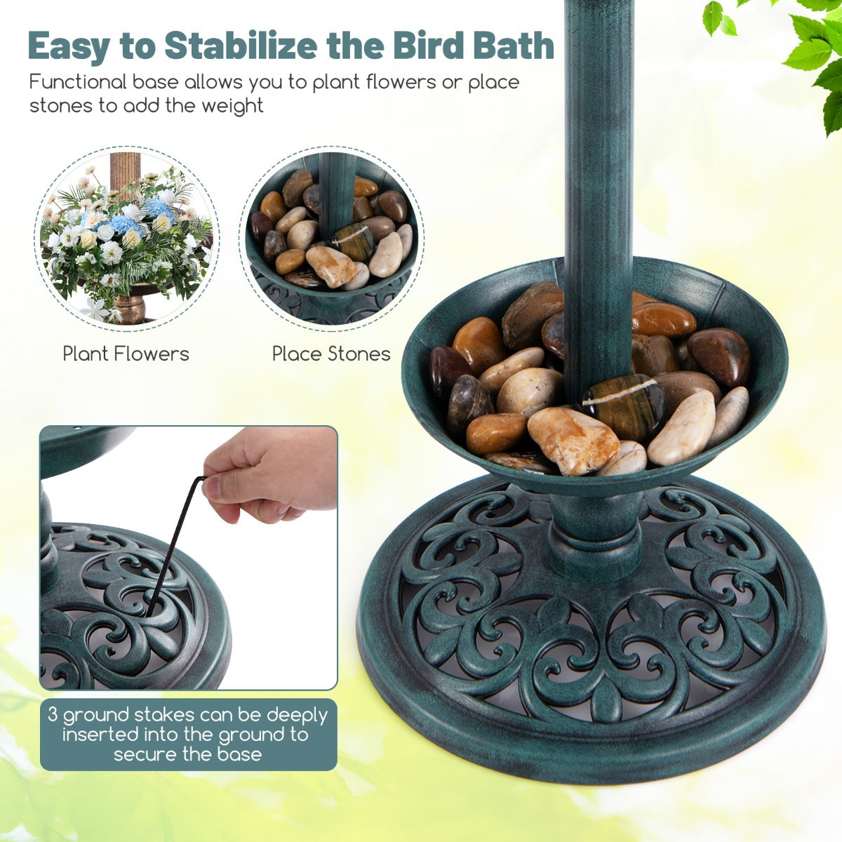 Close-up of the base of the bird bath and feeder, showing how to add stones or flowers for stability