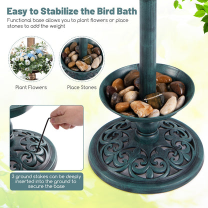 Close-up of the base of the bird bath and feeder, showing how to add stones or flowers for stability