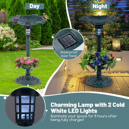 Comparison of the bird bath and feeder set during the day and at night, highlighting the solar light