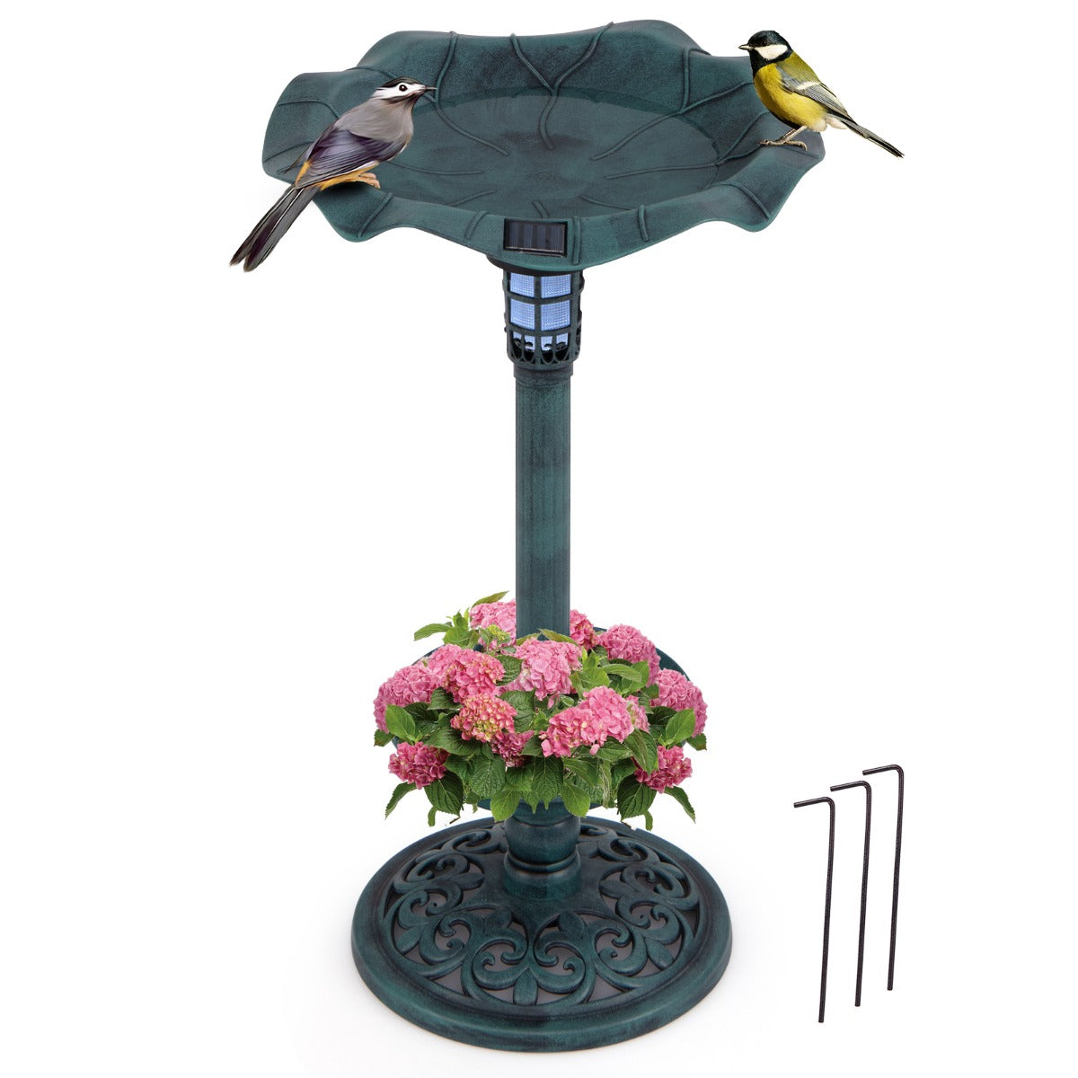 Bird bath and feeder set with two birds, a flower pot at the base and three ground stakes