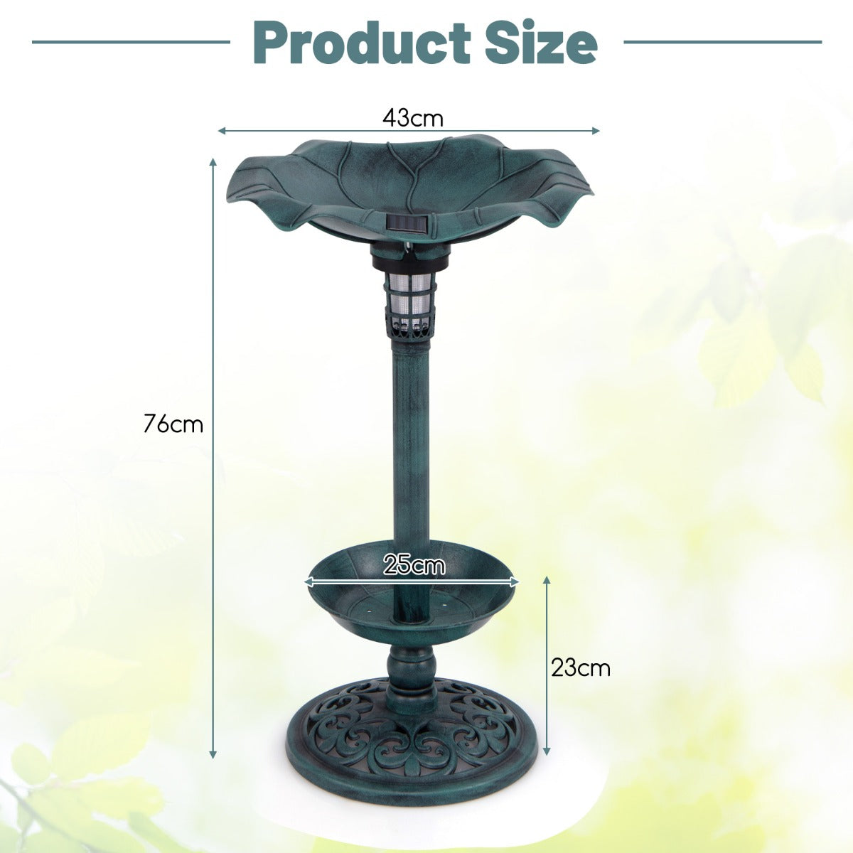 Product size diagram showing the dimensions of the bird bath and feeder set