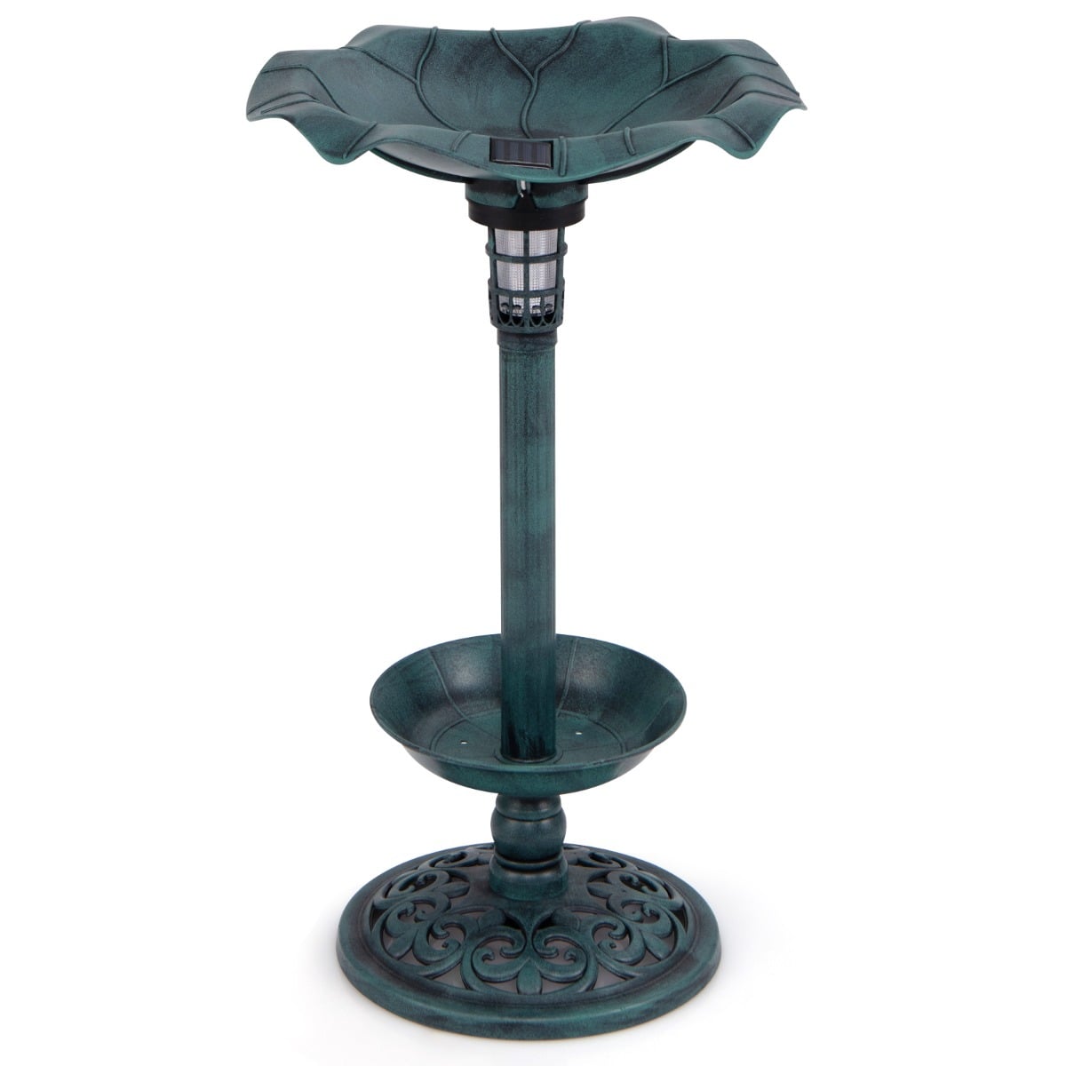 Solar-Powered Bird Bath and Feeder Combo Set, an antique-style bird bath with a solar light on a pedestal