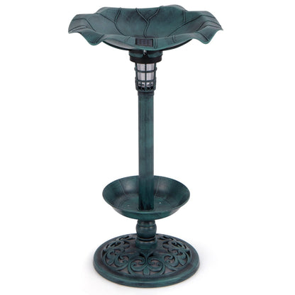 Solar-Powered Bird Bath and Feeder Combo Set, an antique-style bird bath with a solar light on a pedestal