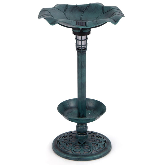 Solar-Powered Bird Bath and Feeder Combo Set, an antique-style bird bath with a solar light on a pedestal