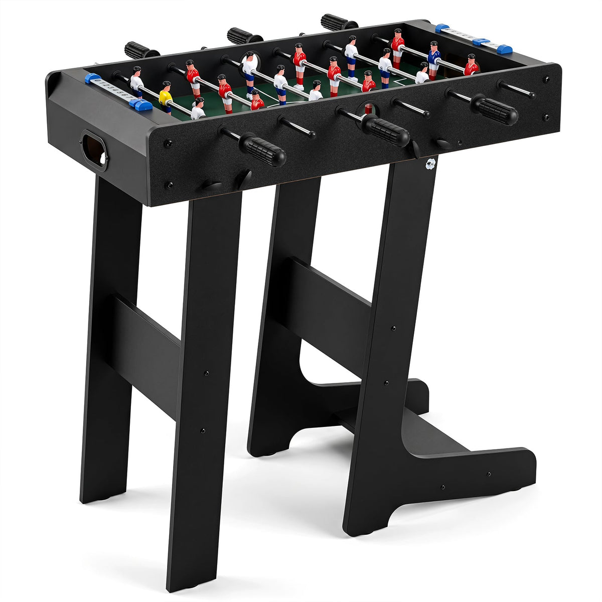 Space Saving Table Football with black legs and green pitch on a white background