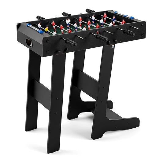 Space Saving Table Football with black legs and green pitch on a white background