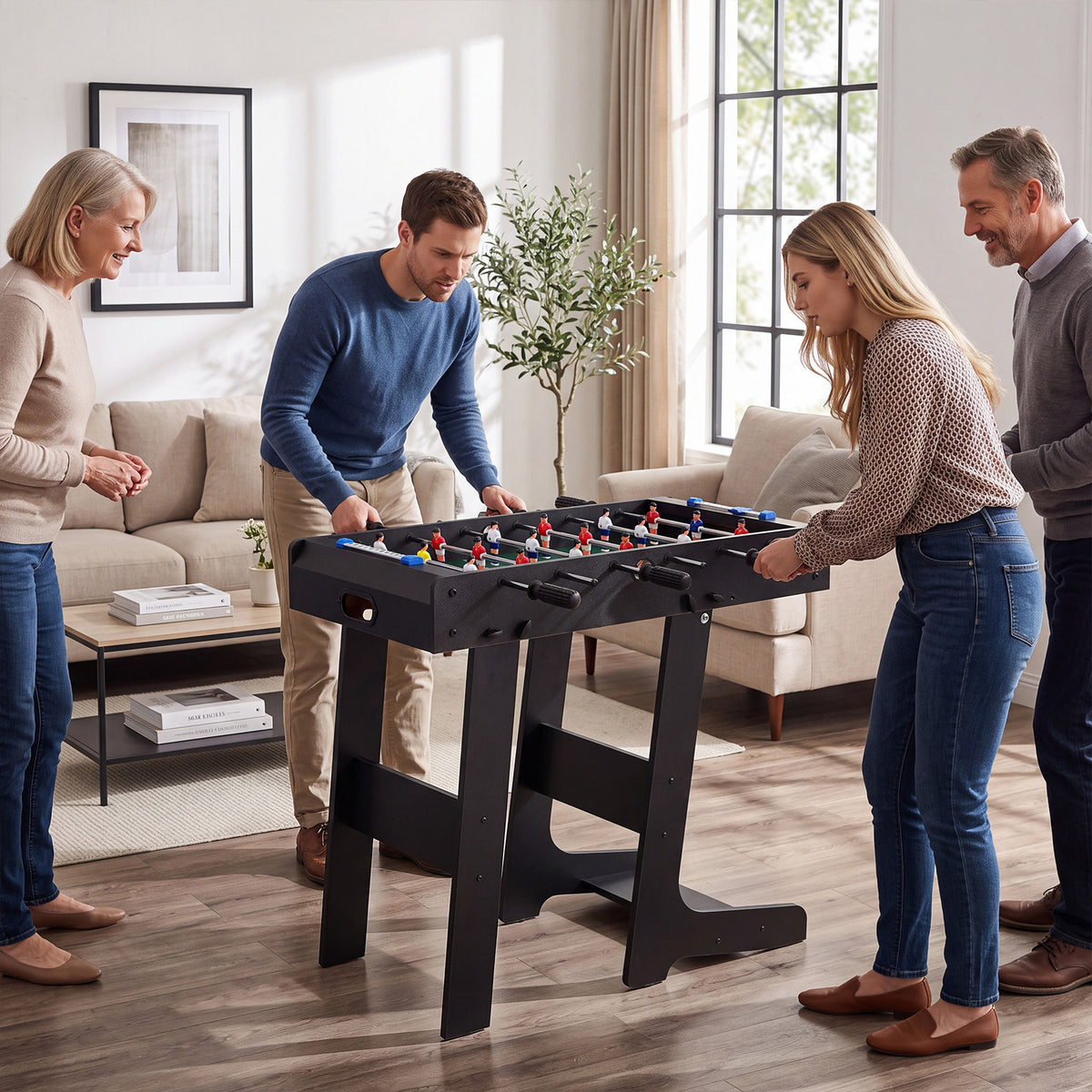 The game room table being used by four adults in a bright living room setting