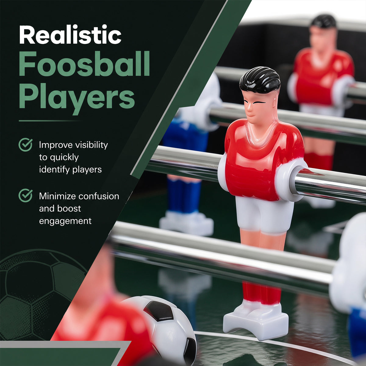 The game room table close-up of the red and blue plastic players on metal rods